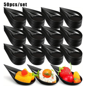 50pcs/set Mini Teardrop Appetizer Plates, Disposable Serving Plates, Small Catering Dessert Tasting Cups, Drop Proof Spoon Set